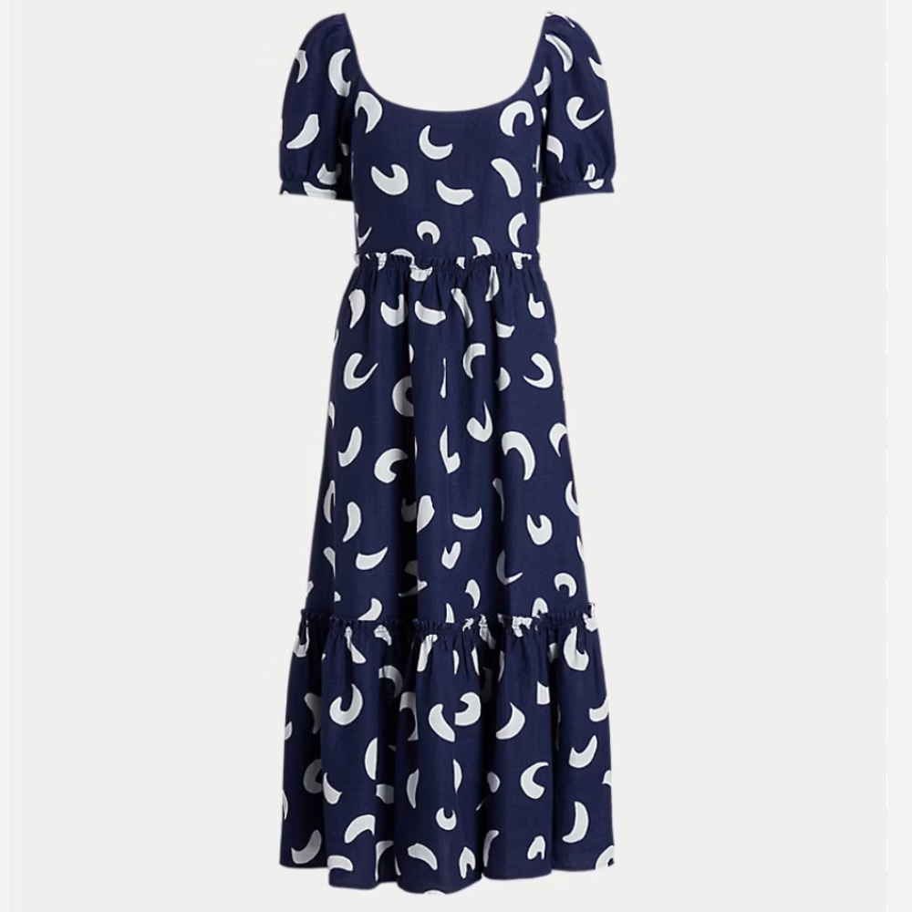 Polo by Ralph Lauren Brushstroke Motif Linen Blue and White Midi Dress